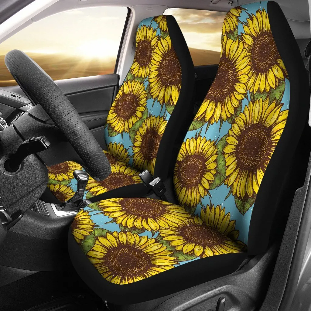 Blue Vintage Sunflower Pattern Print Universal Fit Car Seat Covers