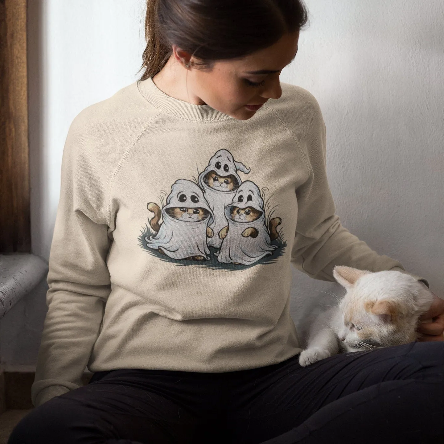 Cute Halloween Cats With Ghost Costume T-Shirt, Funny Halloween Cat Design, Perfect Halloween Gift, Spooky Cat Sweatshirt T-Shirt