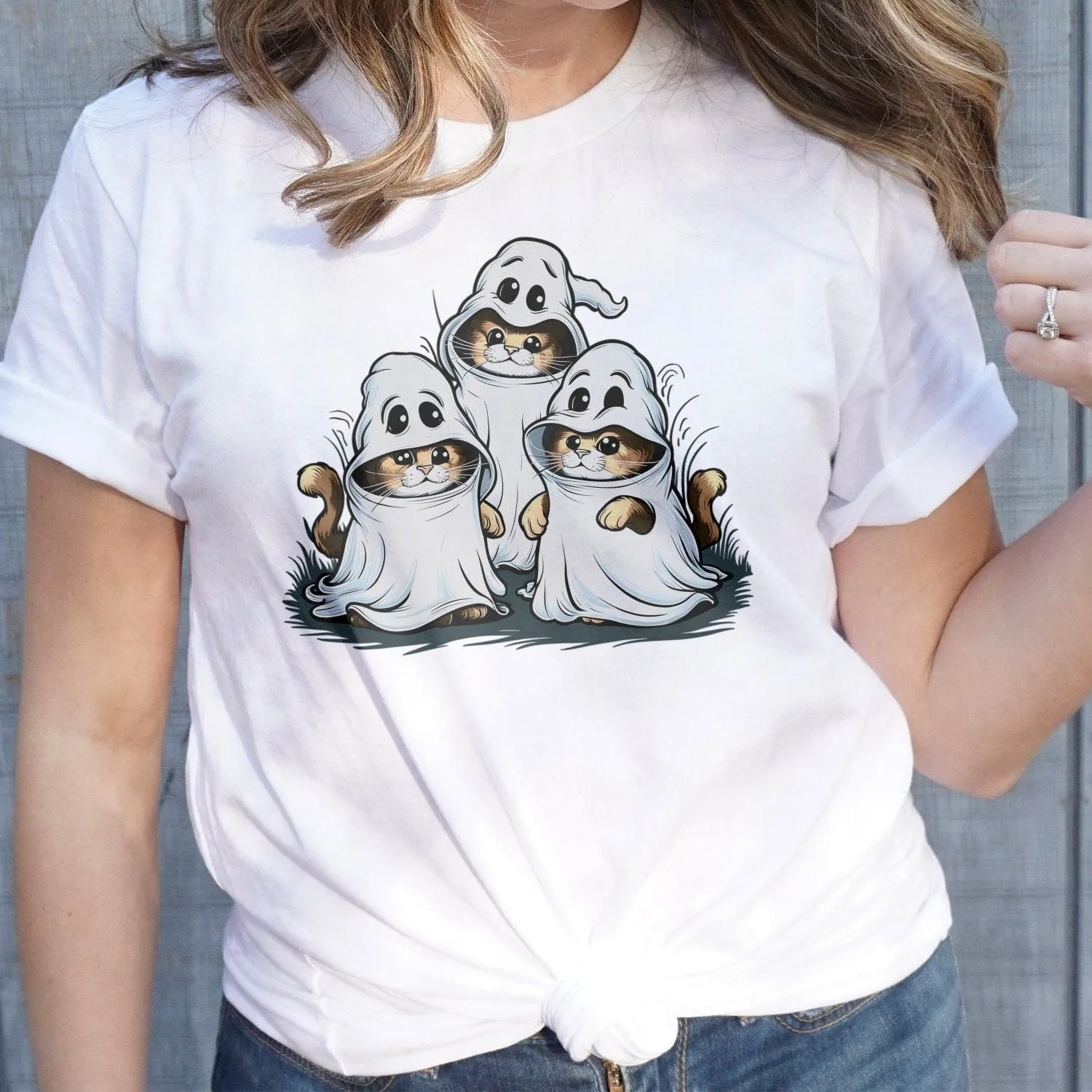 Cute Halloween Cats With Ghost Costume T-Shirt, Funny Halloween Cat Design, Perfect Halloween Gift, Spooky Cat Sweatshirt T-Shirt