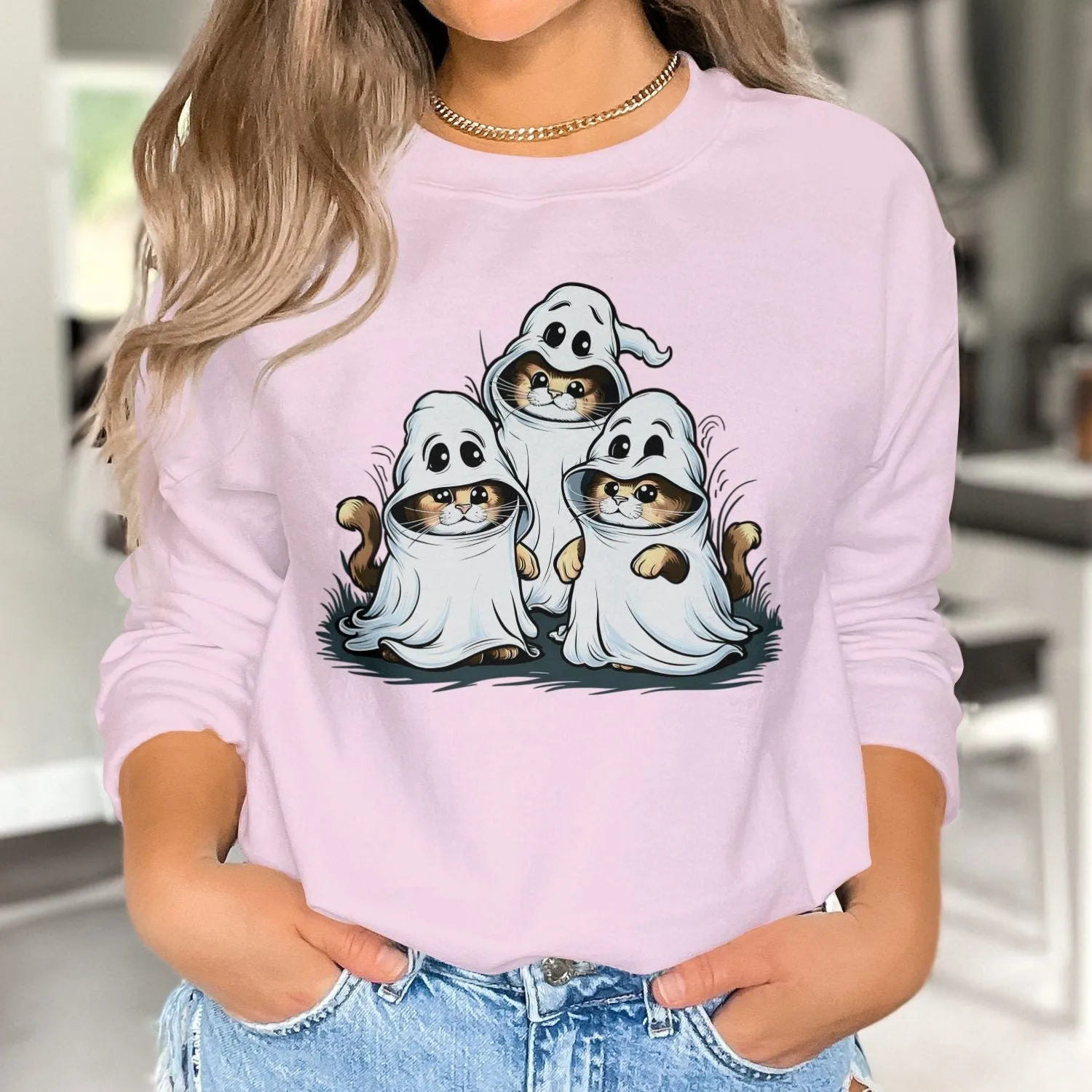 Cute Halloween Cats With Ghost Costume T-Shirt, Funny Halloween Cat Design, Perfect Halloween Gift, Spooky Cat Sweatshirt T-Shirt