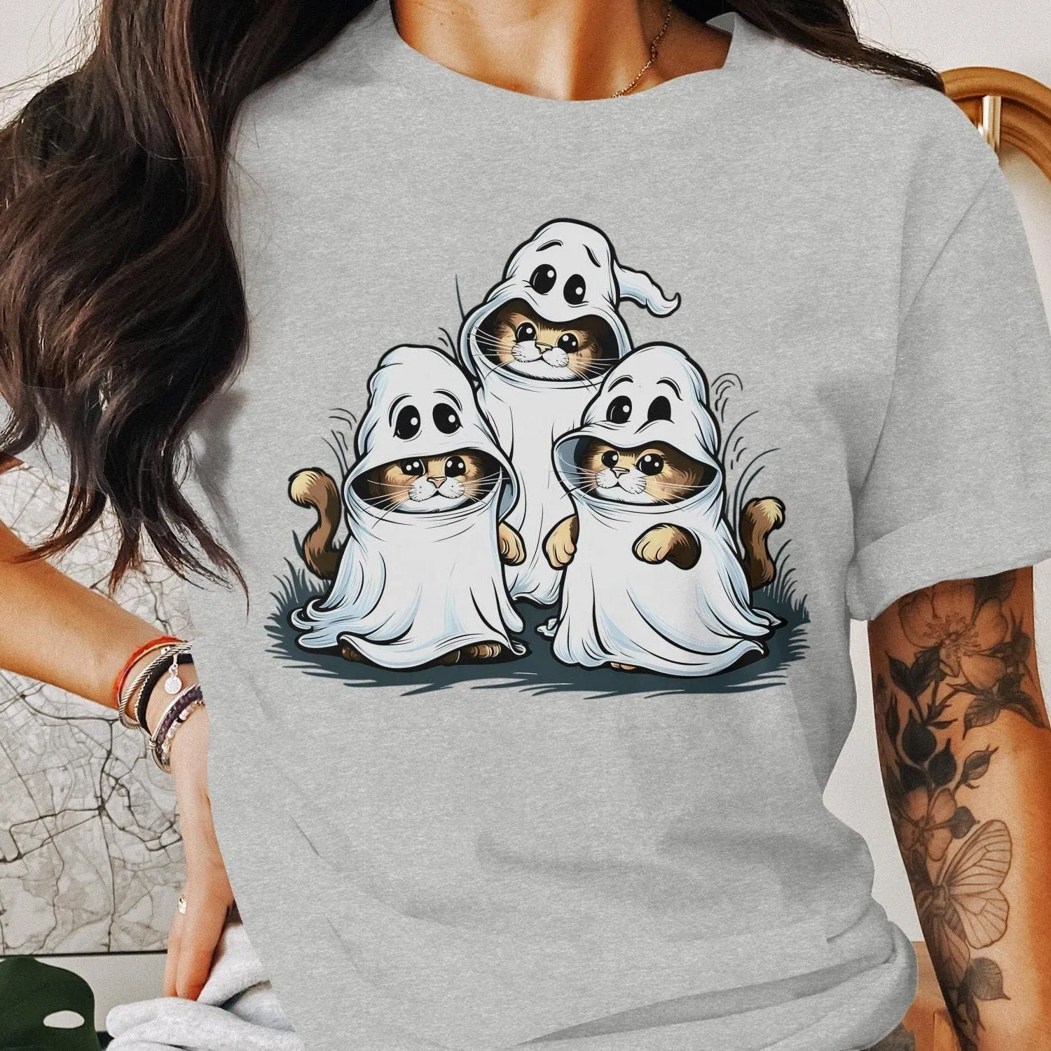 Cute Halloween Cats With Ghost Costume T-Shirt, Funny Halloween Cat Design, Perfect Halloween Gift, Spooky Cat Sweatshirt T-Shirt