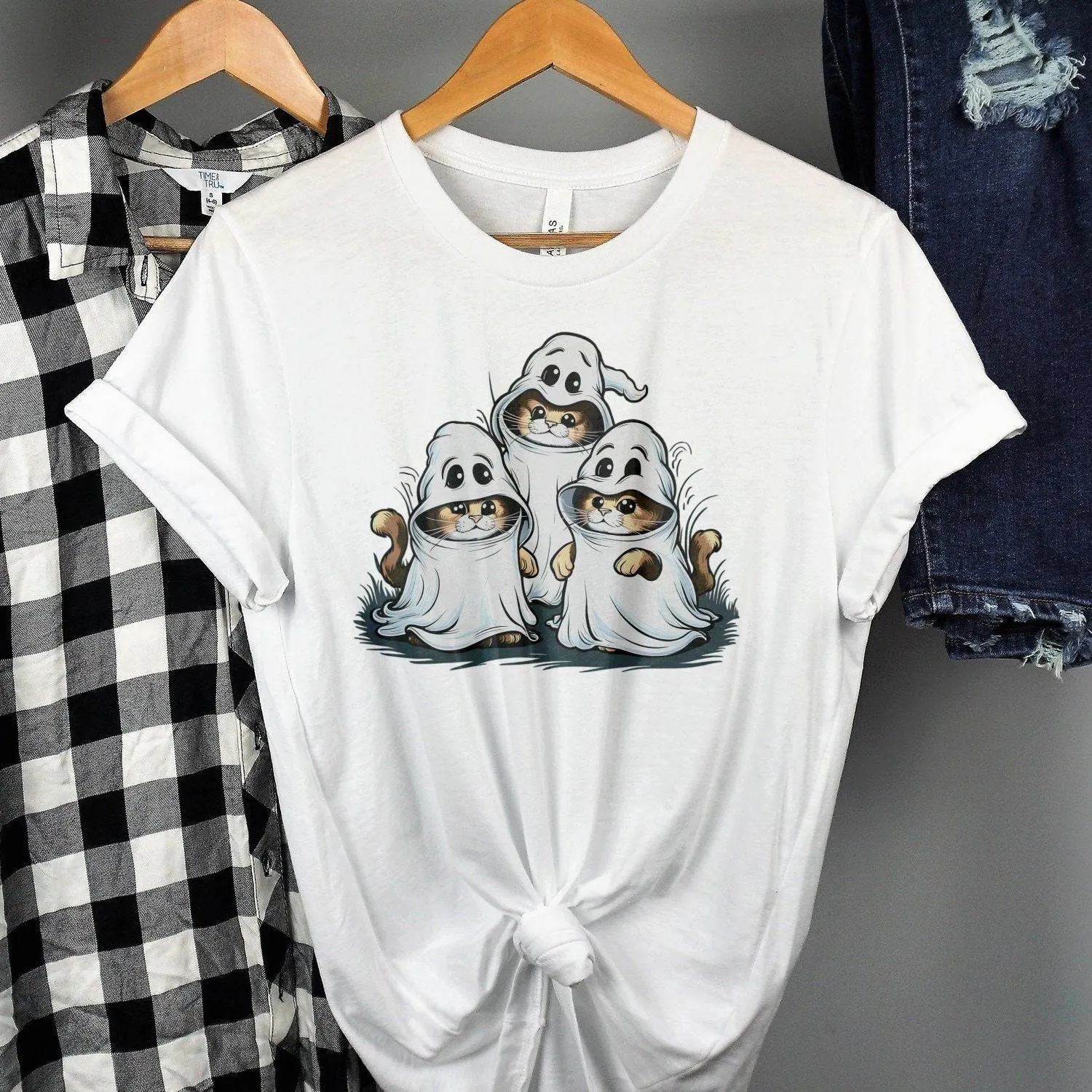 Cute Halloween Cats With Ghost Costume T-Shirt, Funny Halloween Cat Design, Perfect Halloween Gift, Spooky Cat Sweatshirt T-Shirt