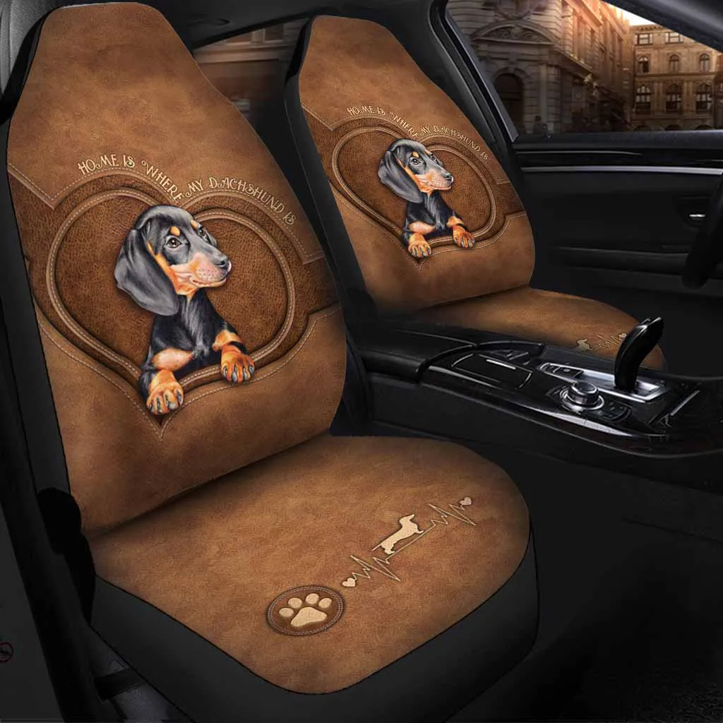 Dog On Car Seat Covers, Dachshund Leather Pattern Print Front Car Seat Covers