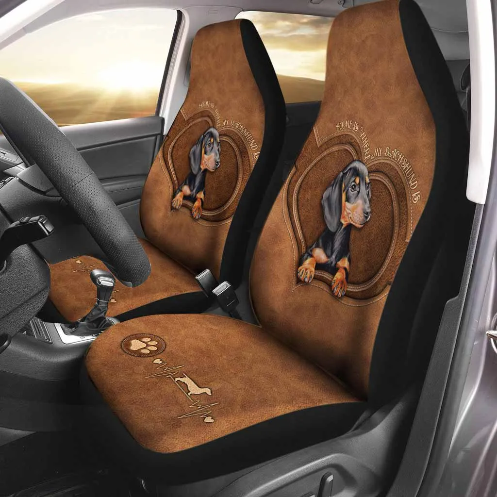 Dog On Car Seat Covers, Dachshund Leather Pattern Print Front Car Seat Covers