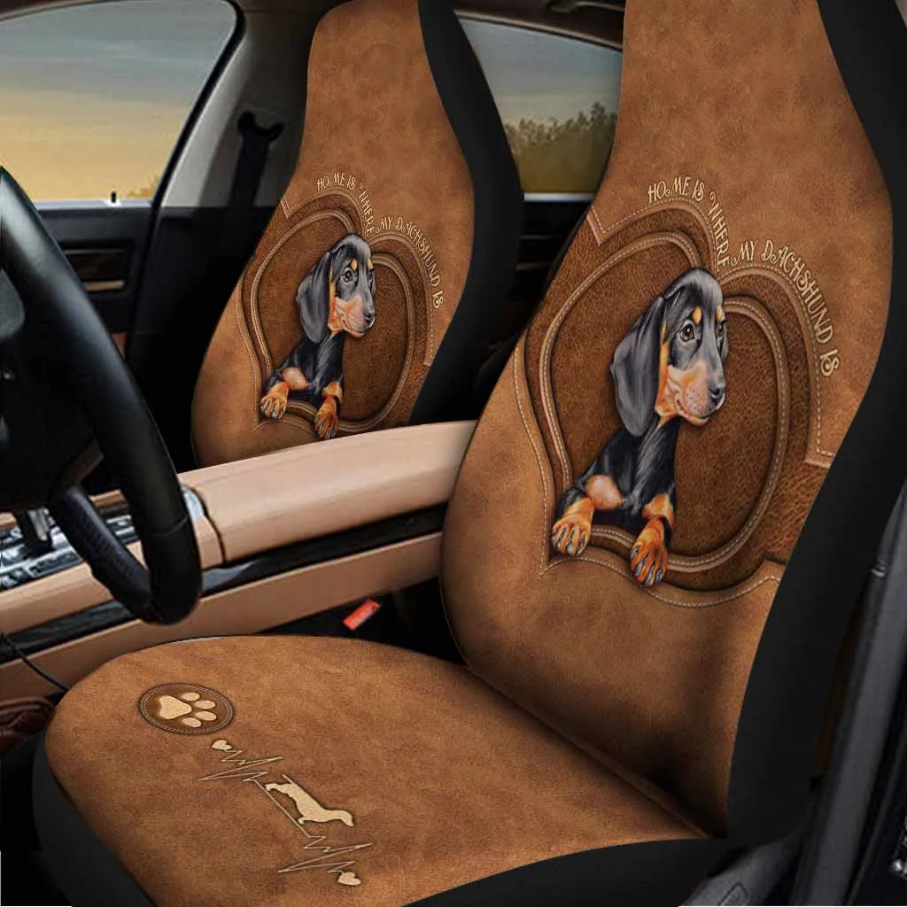 Dog On Car Seat Covers, Dachshund Leather Pattern Print Front Car Seat Covers