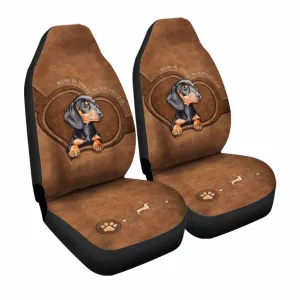Dog On Car Seat Covers, Dachshund Leather Pattern Print Front Car Seat Covers