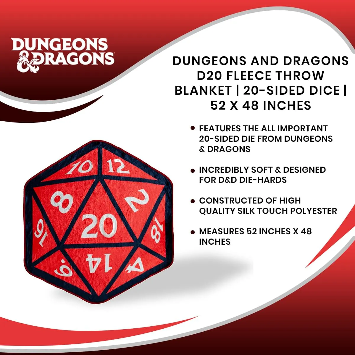 Dungeons And Dragons D20 Fleece Throw Blanket | 20-Sided Dice | 52 x 48 Inches