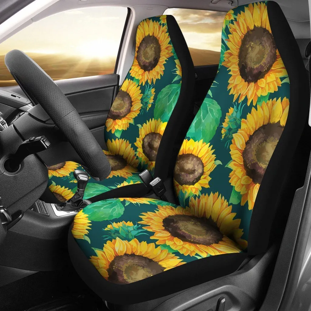 Green Watercolor Sunflower Pattern Print Universal Fit Car Seat Covers