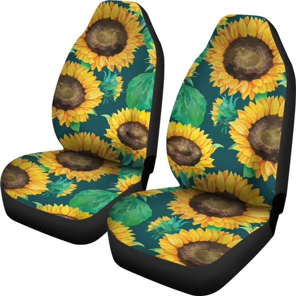 Green Watercolor Sunflower Pattern Print Universal Fit Car Seat Covers