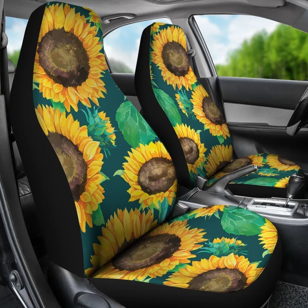 Green Watercolor Sunflower Pattern Print Universal Fit Car Seat Covers
