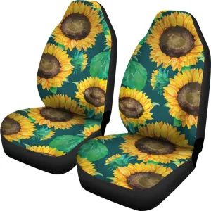 Green Watercolor Sunflower Pattern Print Universal Fit Car Seat Covers