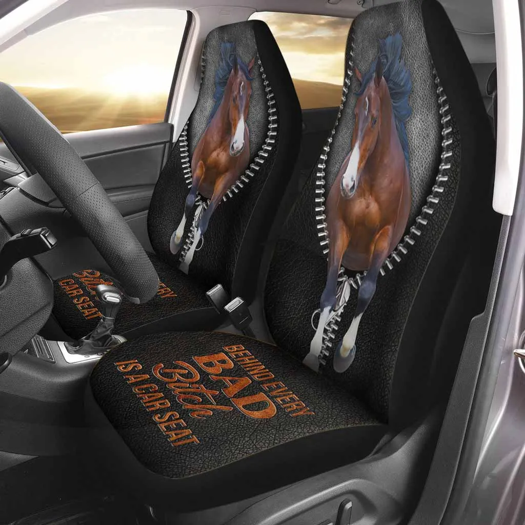 Horse Covers Front Seat Car With Leather Pattern, Behind Every Bad, Funny Car Seat Cover For Him Her