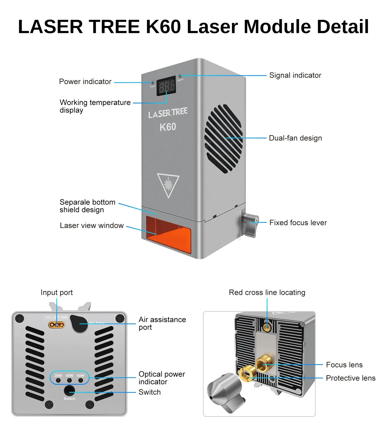 LASER TREE K60 Optical Power 60W Laser Head – Precision Cutting, Engraving, and DIY Magic