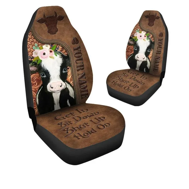 Personalized Name Cow Leather Hold on Car Seat Covers Universal Fit