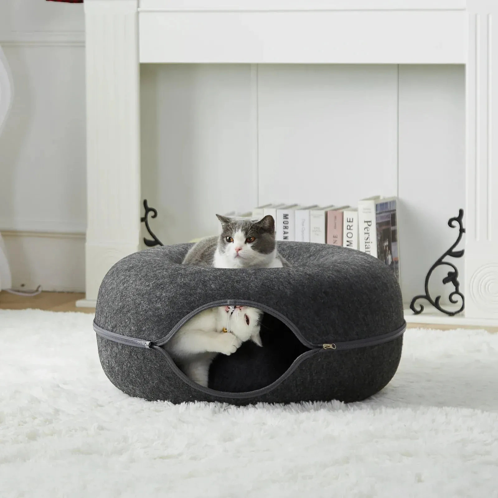 ScratchaBoo™ 24-Inch Large Peekaboo Donut Cat Bed | Spacious Scratchproof Cat Cave for Multiple Cats up to 30 lbs – Detachable & Washable Wool Felt Tunnel