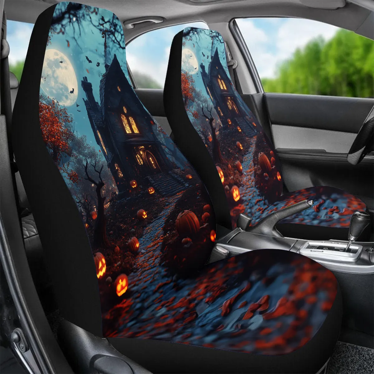 Teesdily | Halloween Haunted House Car Seat Cover, Pumpkin Moon Protector Seat Cover, Halloween Decor Front Seat, Halloween Gift, Car Accessories