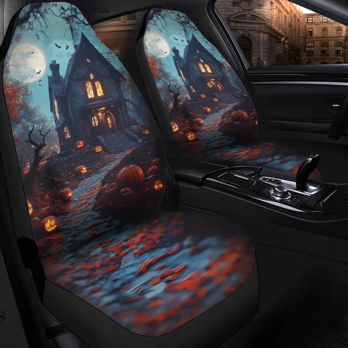 Teesdily | Halloween Haunted House Car Seat Cover, Pumpkin Moon Protector Seat Cover, Halloween Decor Front Seat, Halloween Gift, Car Accessories