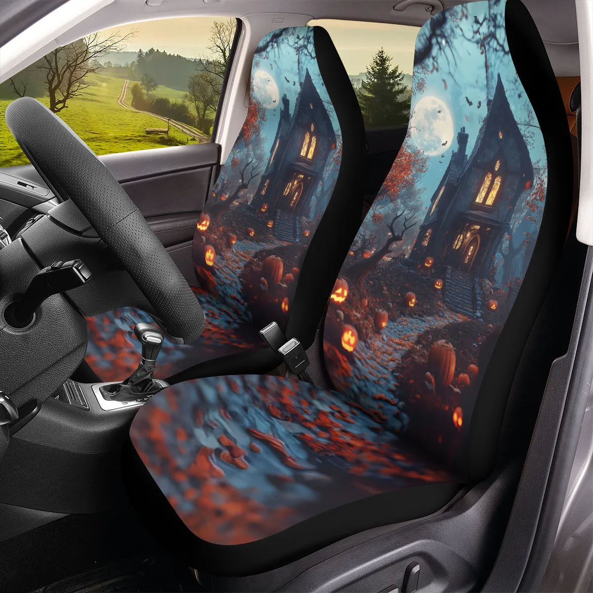 Teesdily | Halloween Haunted House Car Seat Cover, Pumpkin Moon Protector Seat Cover, Halloween Decor Front Seat, Halloween Gift, Car Accessories