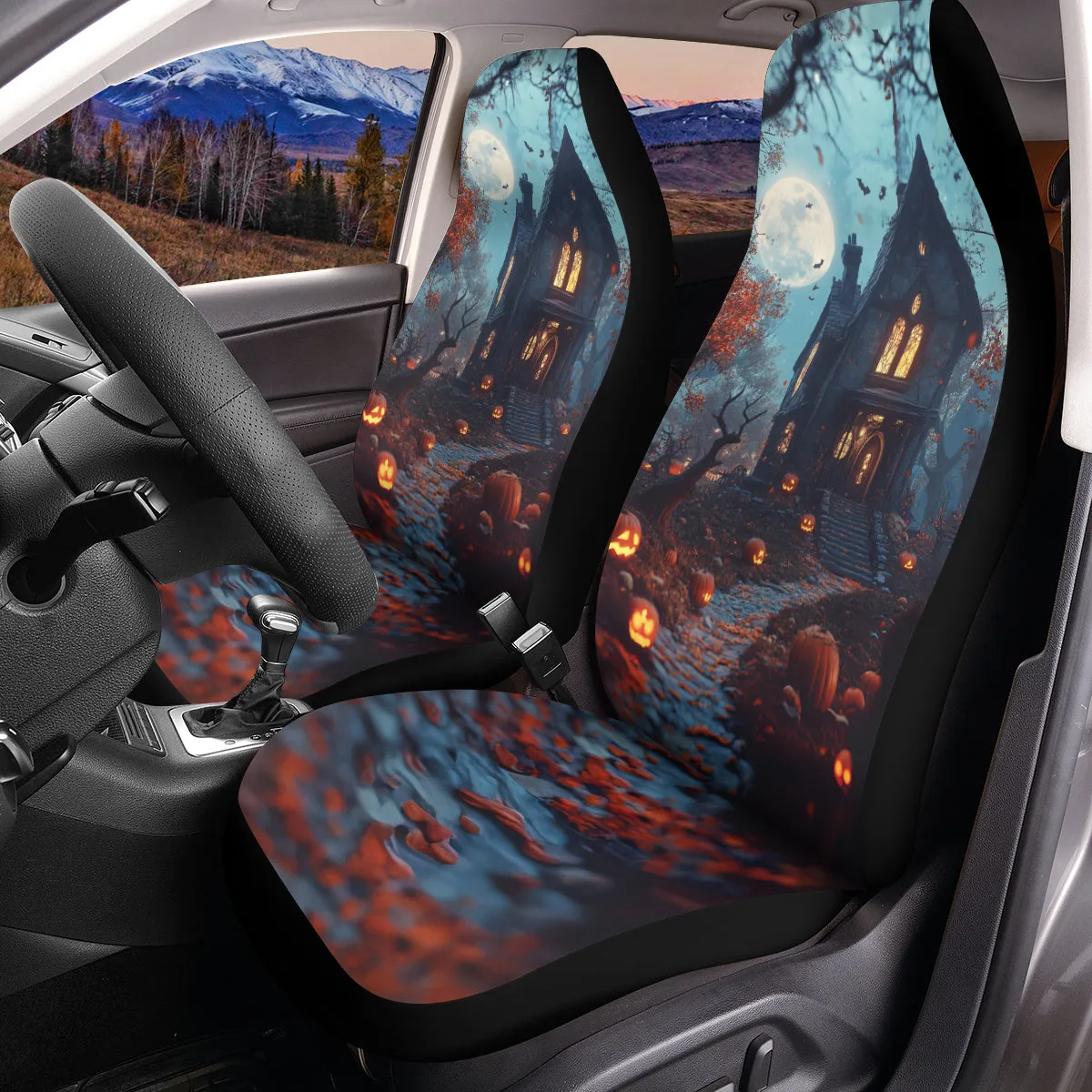 Teesdily | Halloween Haunted House Car Seat Cover, Pumpkin Moon Protector Seat Cover, Halloween Decor Front Seat, Halloween Gift, Car Accessories